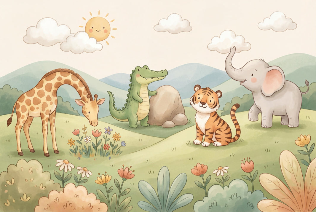 Cute Animals Wallpaper Safari Pastel Watercolor Wall Mural pattern artwork