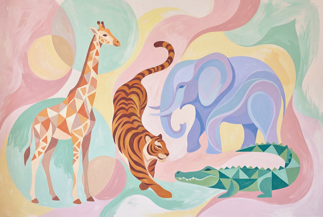 Safari Animals Wallpaper Pastel Bright Wall Mural pattern artwork