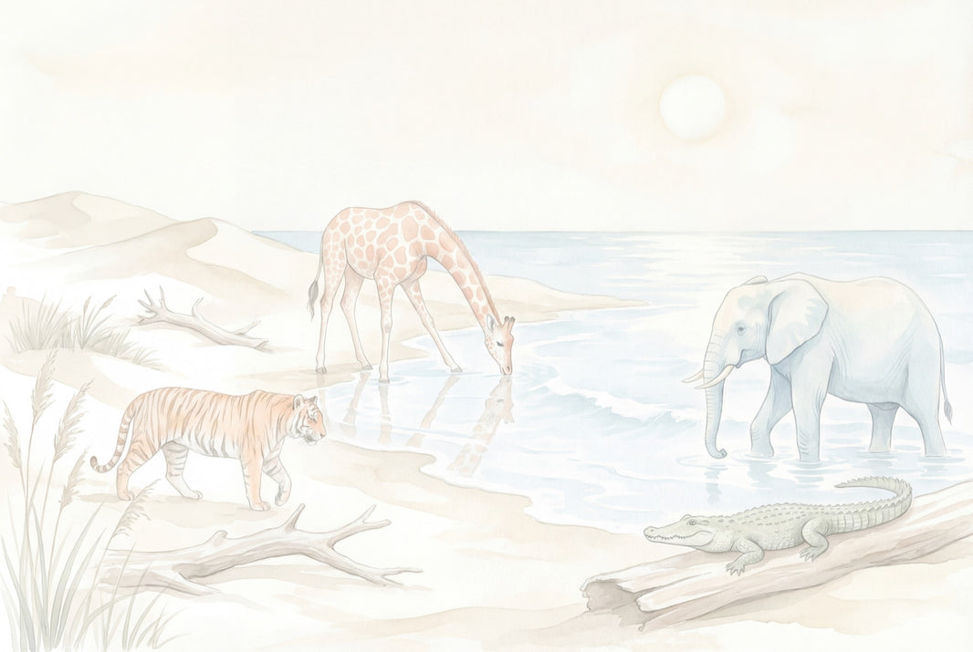 Safari Animals Wallpaper Watercolor Coastal Landscape Wall Mural pattern artwork