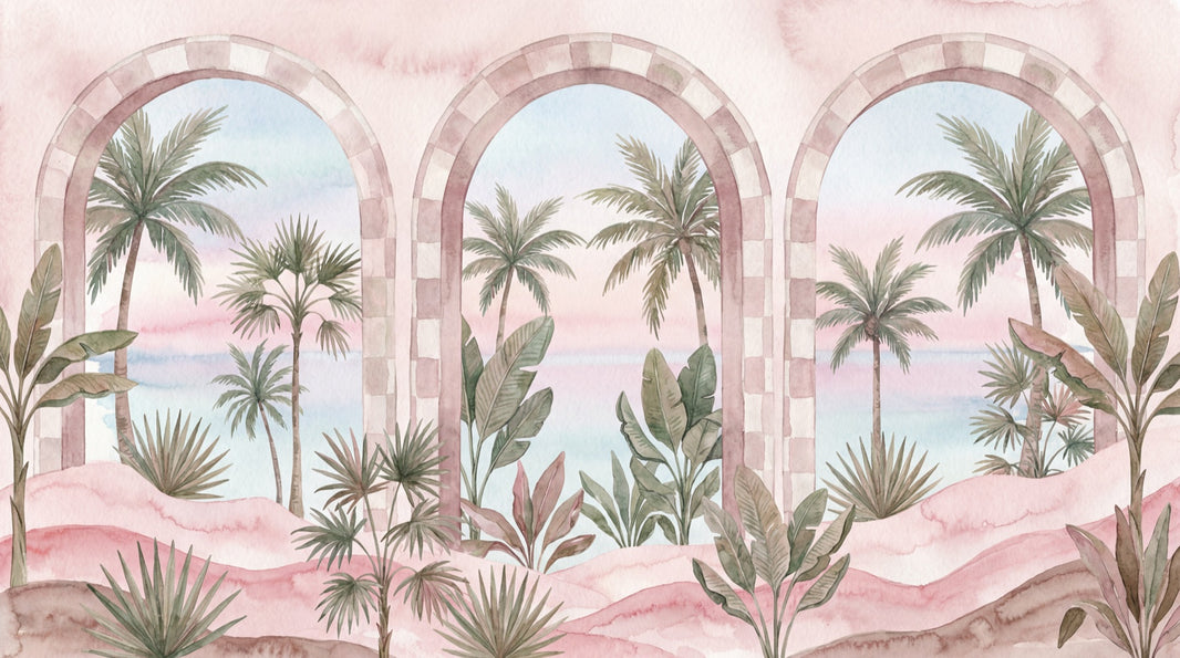 Pastel Tropical Wallpaper Watercolor Mural Arched Windows Wall Mural pattern artwork