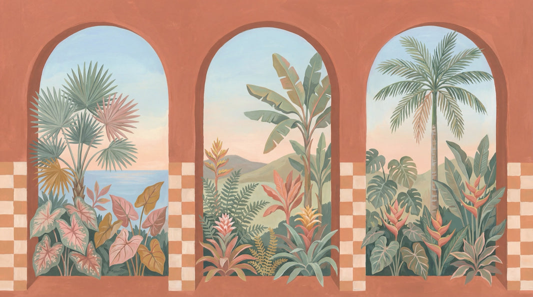 Arched Windows Wallpaper Tropical Landscape Coastal Mural Removable Wall Decor pattern artwork