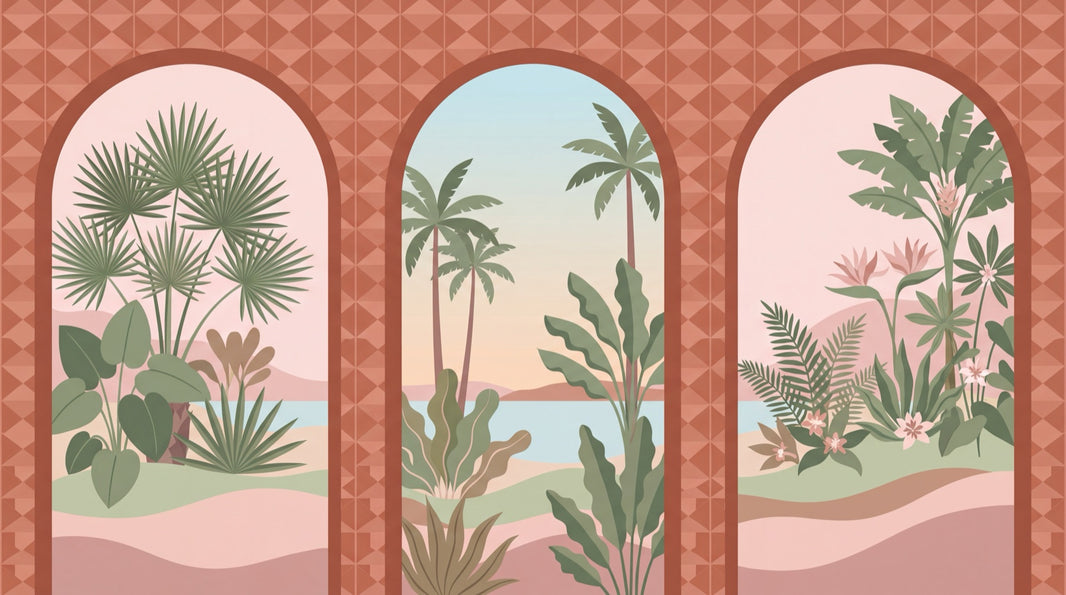 Arched Windows Wallpaper Tropical Coastal Landscape Wall Mural pattern artwork