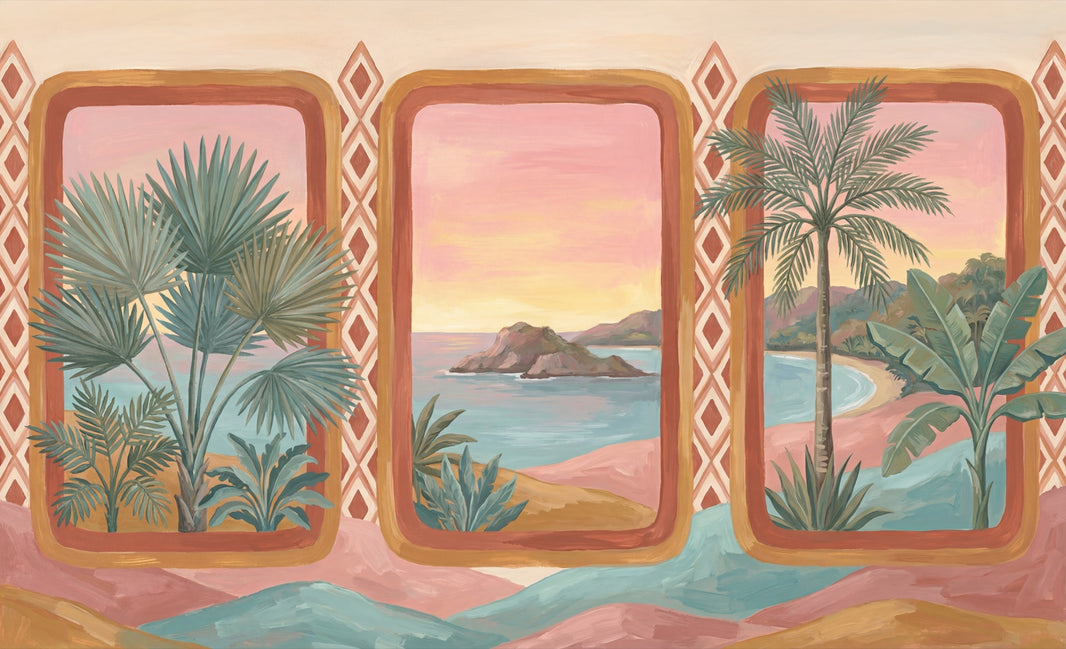 Tropical Coastal Landscape Wallpaper Sunset Sky Palm Trees Wall Mural pattern artwork