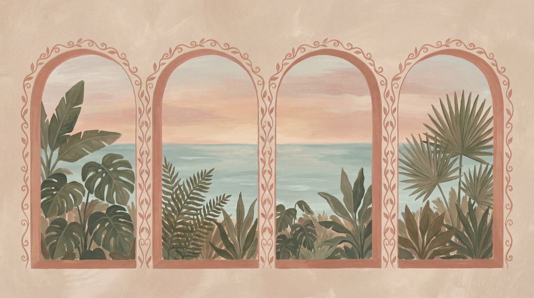 Coastal Landscape Wallpaper Arched Windows Mediterranean Wall Mural pattern artwork