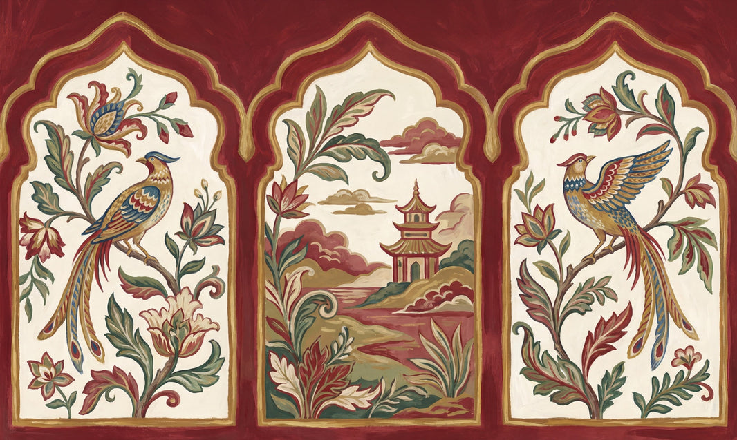 Chinoiserie Wallpaper Arched Panels Pagoda Removable Wall Decor pattern artwork