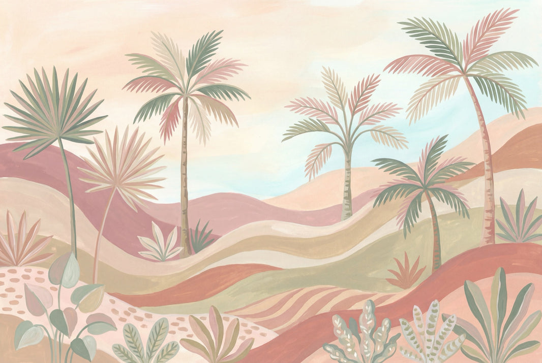 Pastel Tropical Landscape Wallpaper Palm Trees Desert Dunes Wall Mural pattern artwork