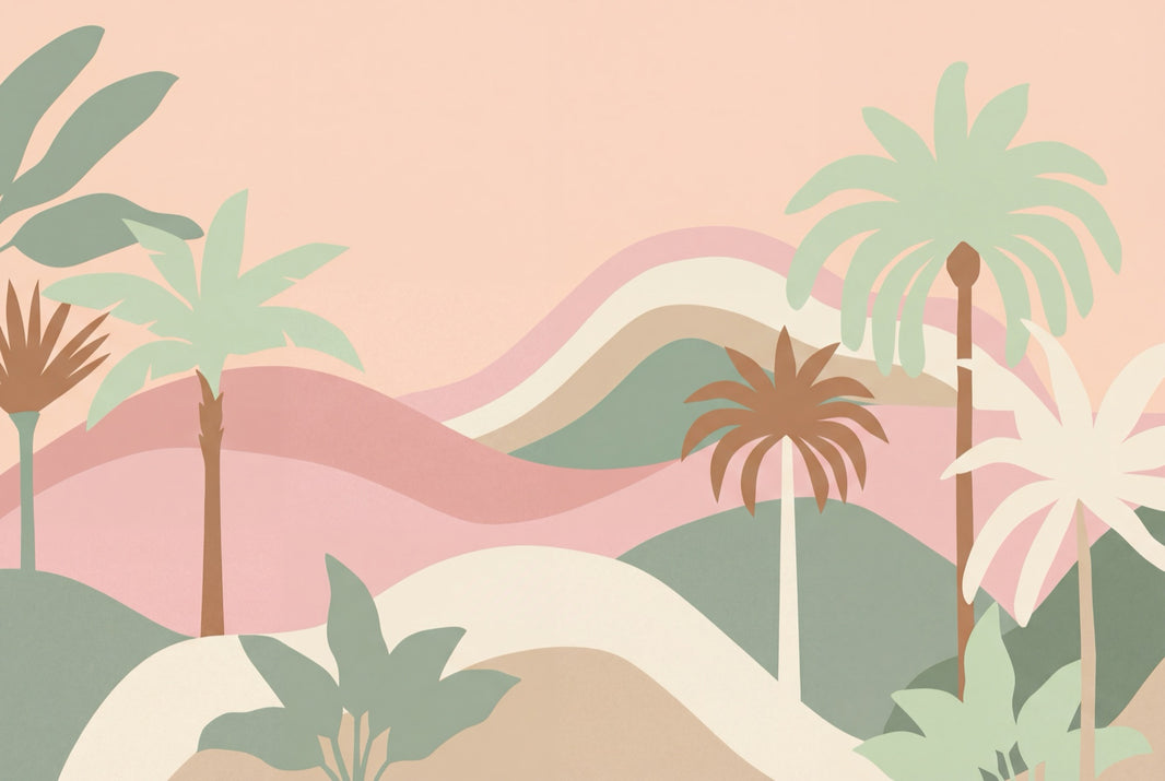 Pastel Tropical Wallpaper Palm Trees Layered Hills Removable Wall Decor pattern artwork