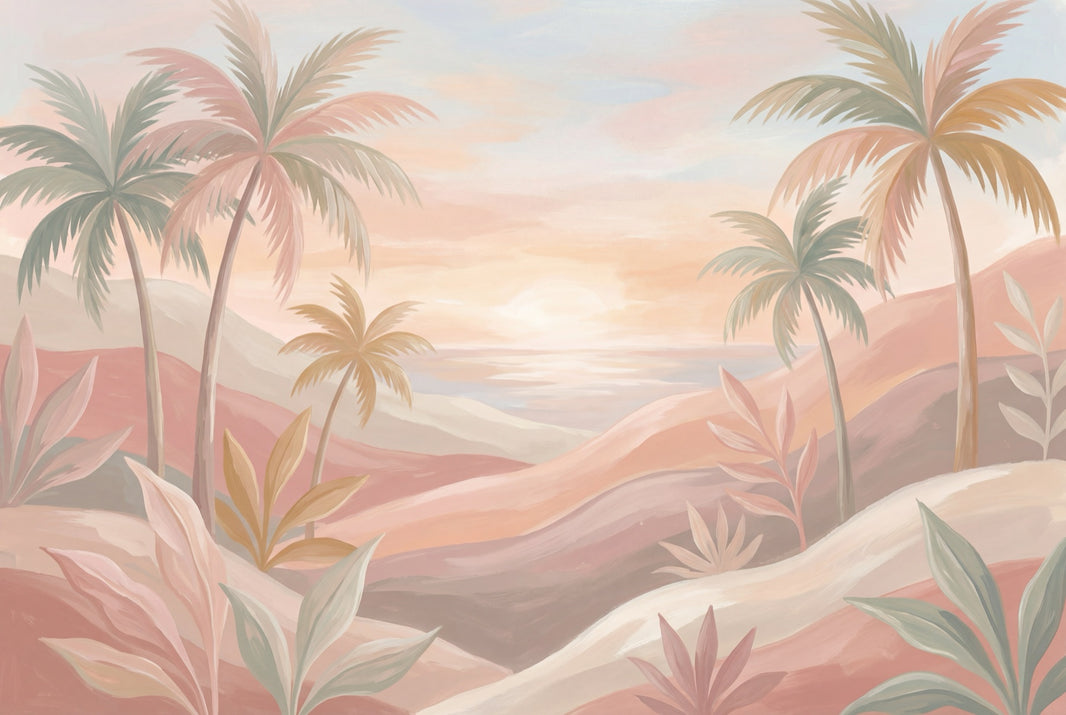 Pastel Tropical Landscape Wallpaper Palm Trees Sunset Sky Wall Mural pattern artwork