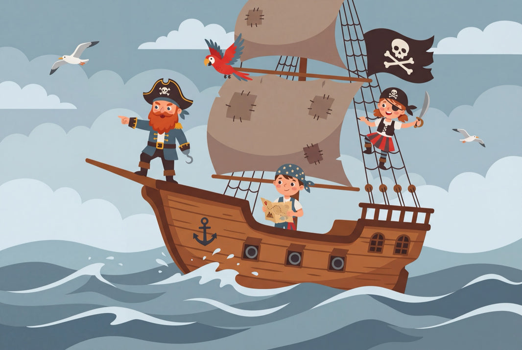 Pirate Ship Wallpaper Ocean Waves Cartoon Illustration Wall Mural pattern artwork