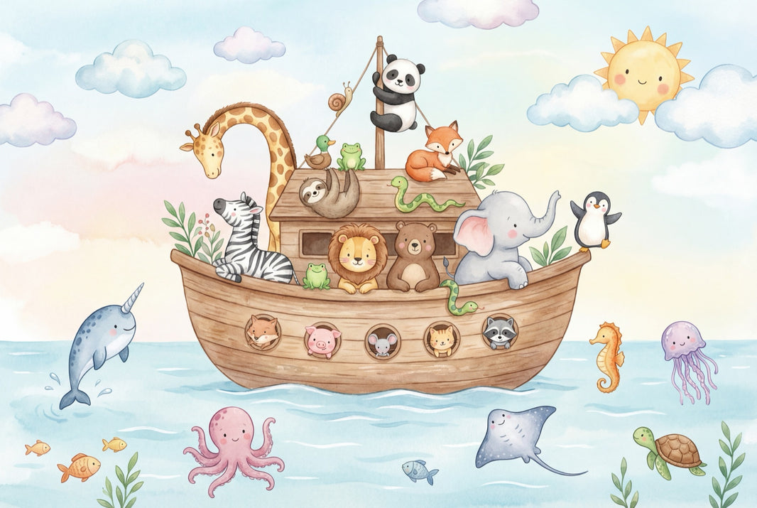 Whimsical Animals Wallpaper Cartoon Boat Wall Mural pattern artwork