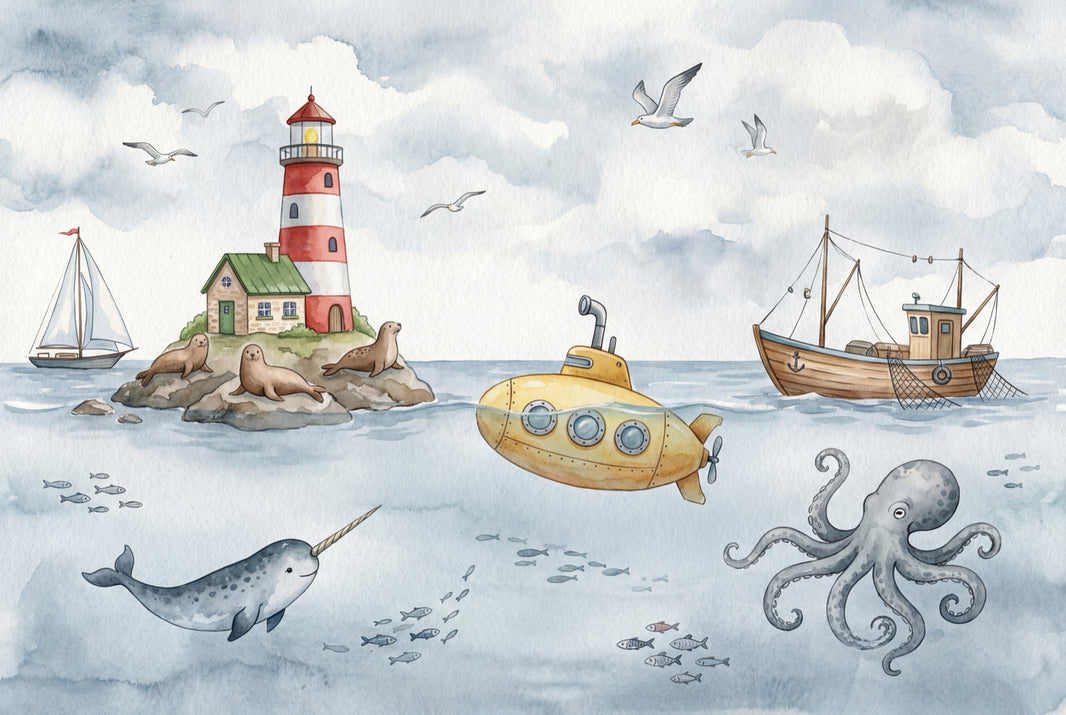 Lighthouse Wallpaper Submarine Ocean Wall Decor pattern artwork