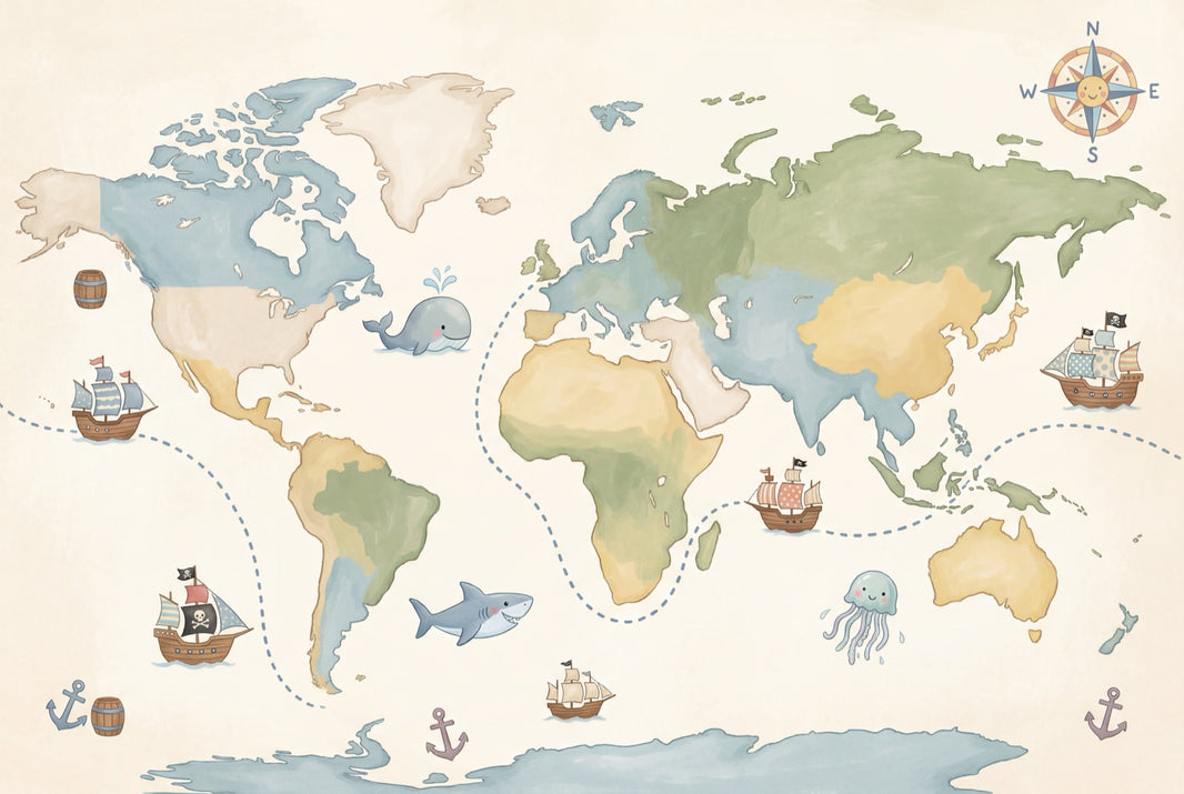 World Map Wallpaper Ocean Nautical Wall Decor pattern artwork