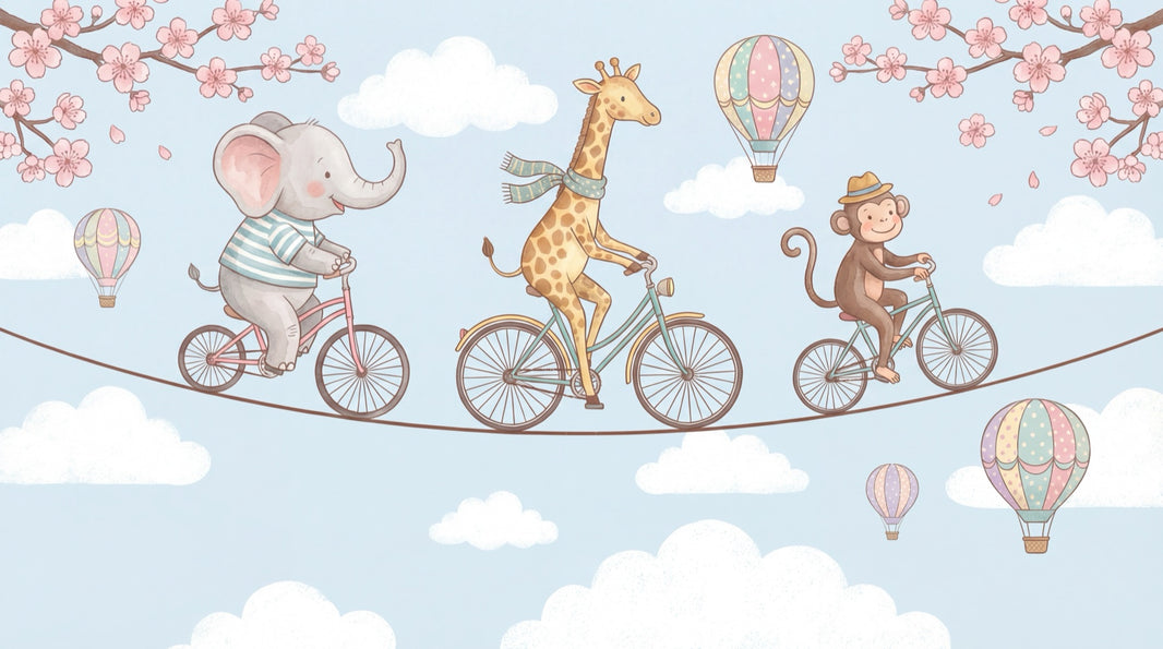 Whimsical Animals Wallpaper Bicycles Cartoon Wall Mural pattern artwork