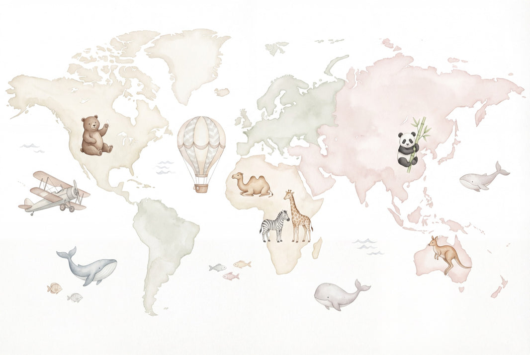 Watercolor World Map Wallpaper Animal Nursery Wall Mural pattern artwork