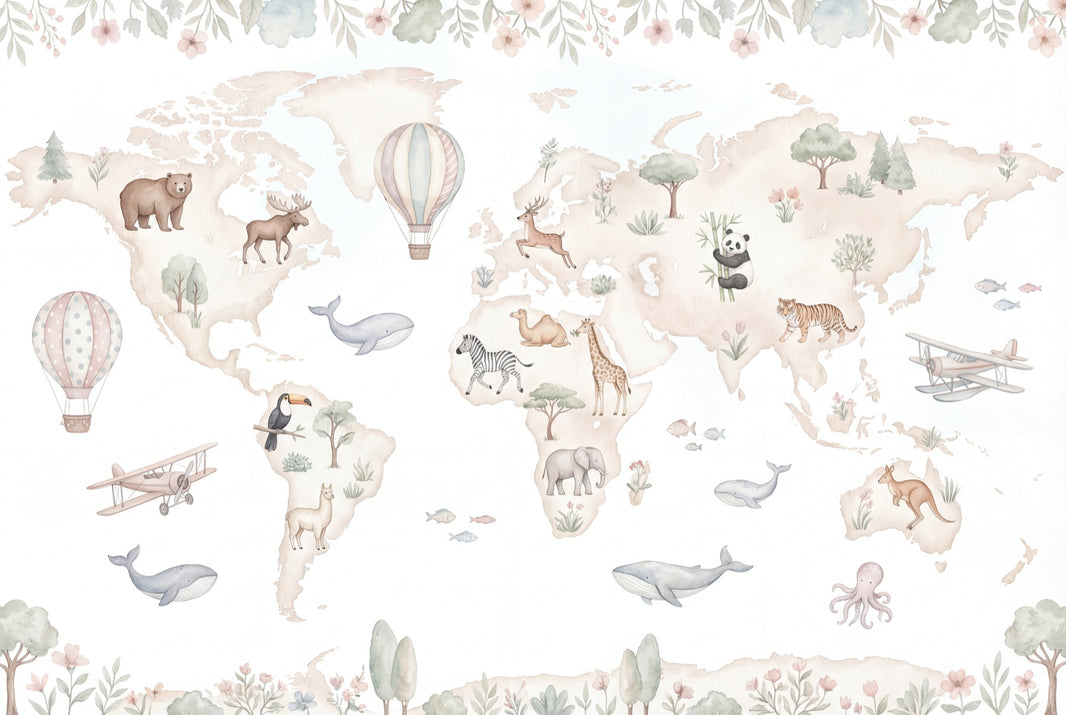World Map Wallpaper White Background Hot Air Balloon Wall Mural pattern artwork