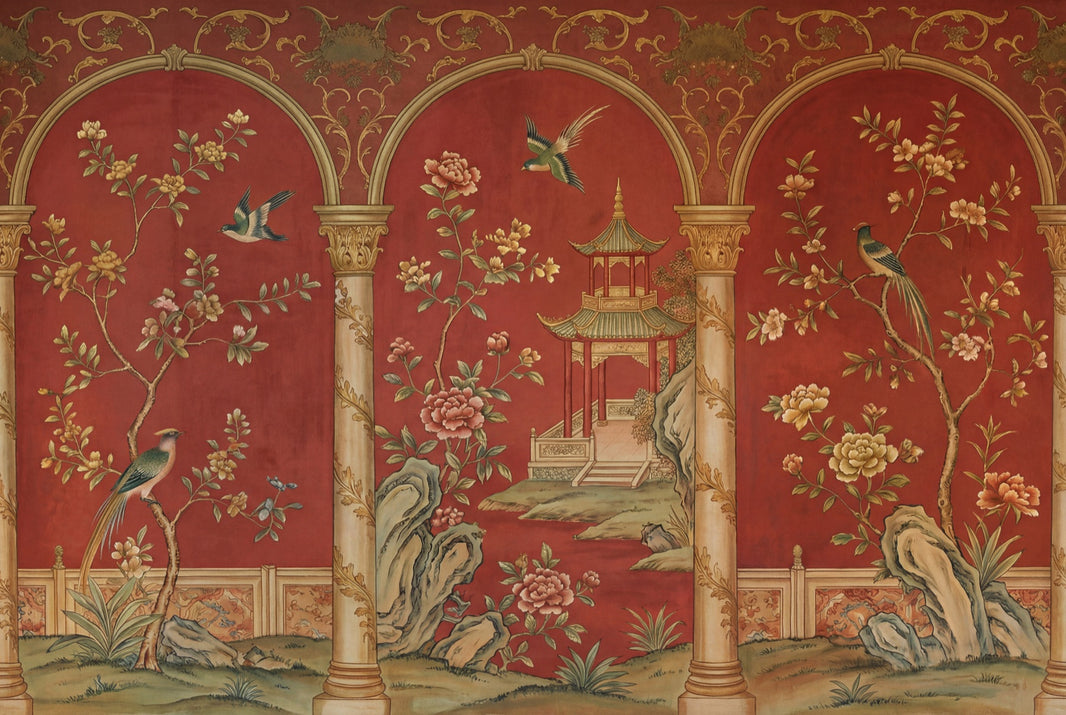 Chinoiserie Wallpaper Red Background Pagoda Pavilion Wall Mural pattern artwork