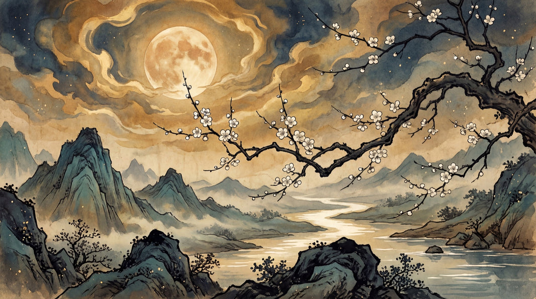Moonlit Landscape Wallpaper Ink Wash East Asian Wall Mural pattern artwork