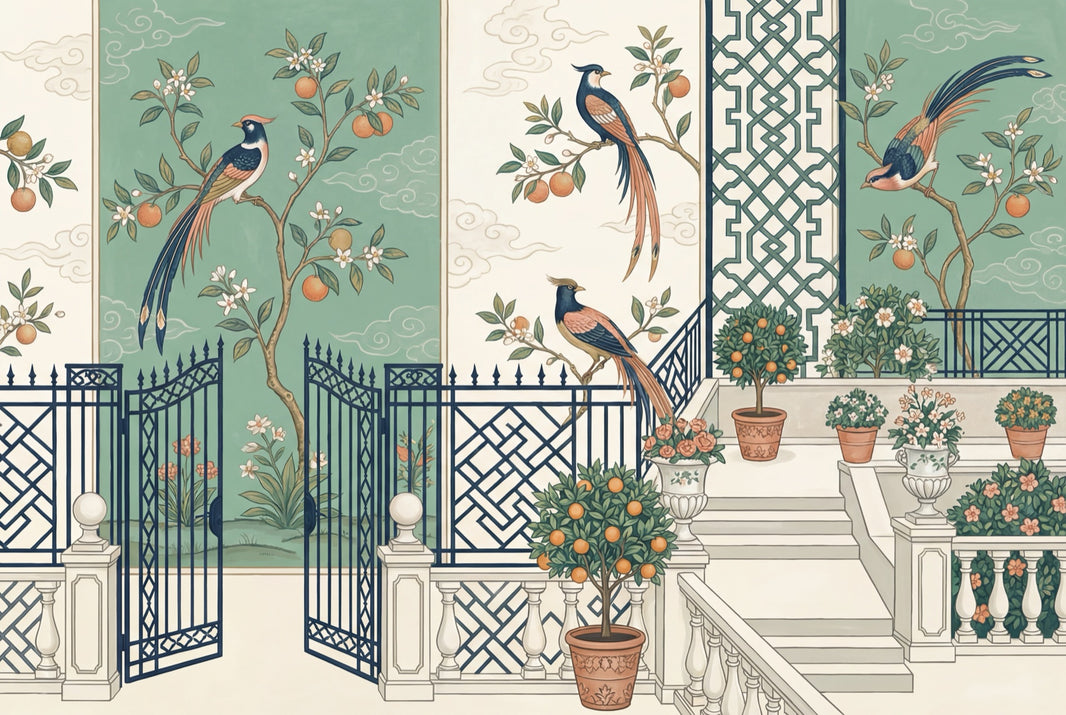 Courtyard Garden Wallpaper Birds Removable Citrus Trees Wall Decor pattern artwork