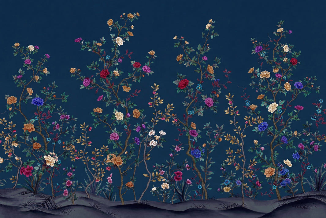 Chinoiserie Inspired Wallpaper Dark Navy Background Elegant Vintage Wall Mural pattern artwork