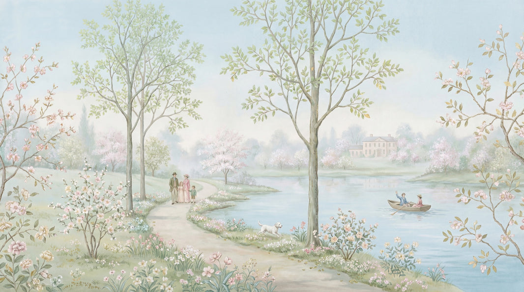 Pastoral Landscape Wallpaper Spring Blossoms Watercolor Mural Wall Mural pattern artwork