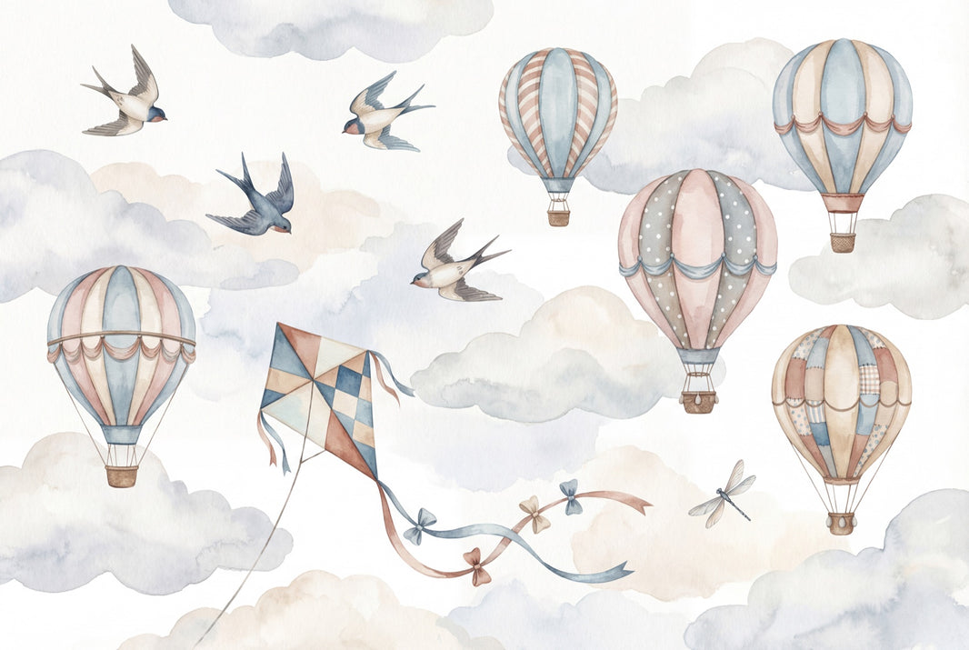 Hot Air Balloons Wallpaper Pastel Sky Removable Watercolor Clouds Wall Decor pattern artwork