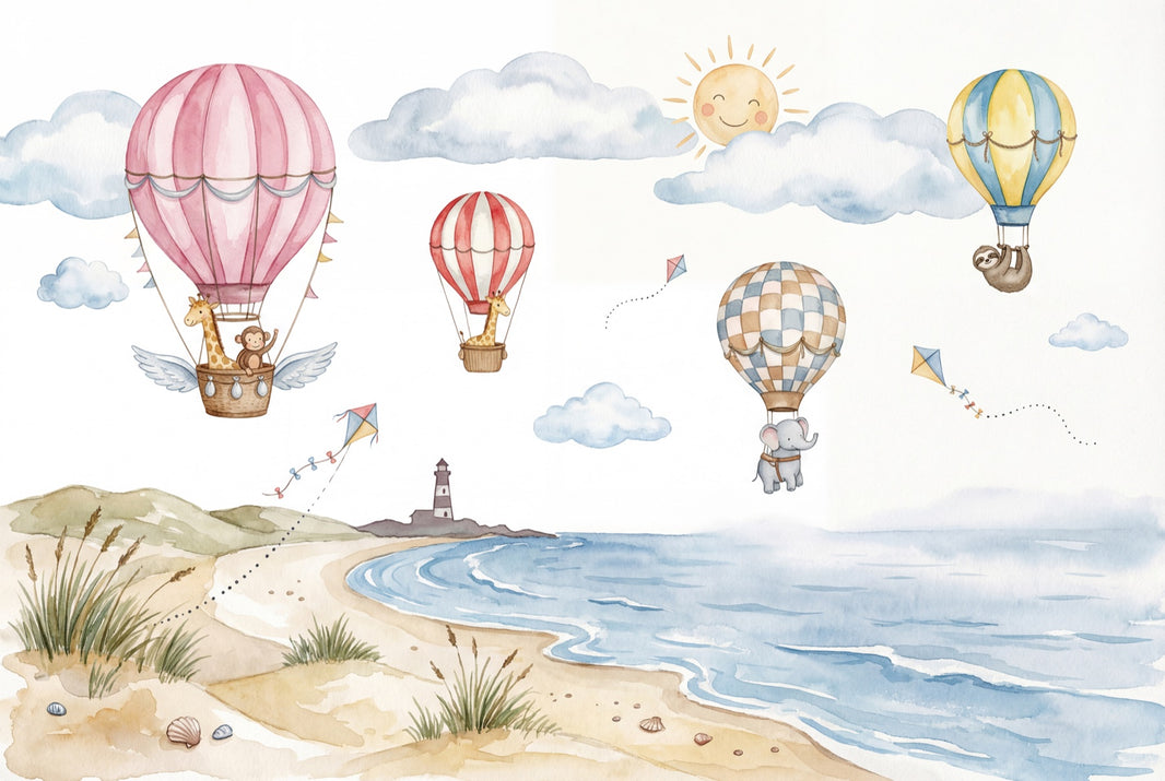 Coastal Landscape Wallpaper Watercolor Hot Air Balloons Wall Mural pattern artwork