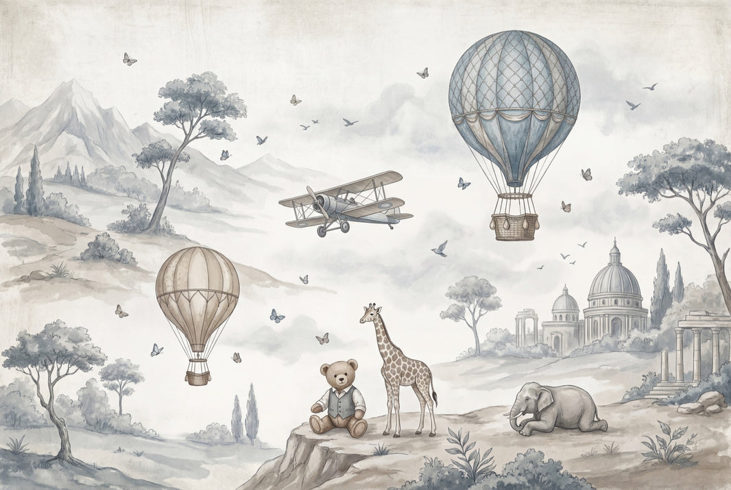 Whimsical Landscape Wallpaper Watercolor Illustration Hot Air Balloons Removable Wall Decor pattern artwork