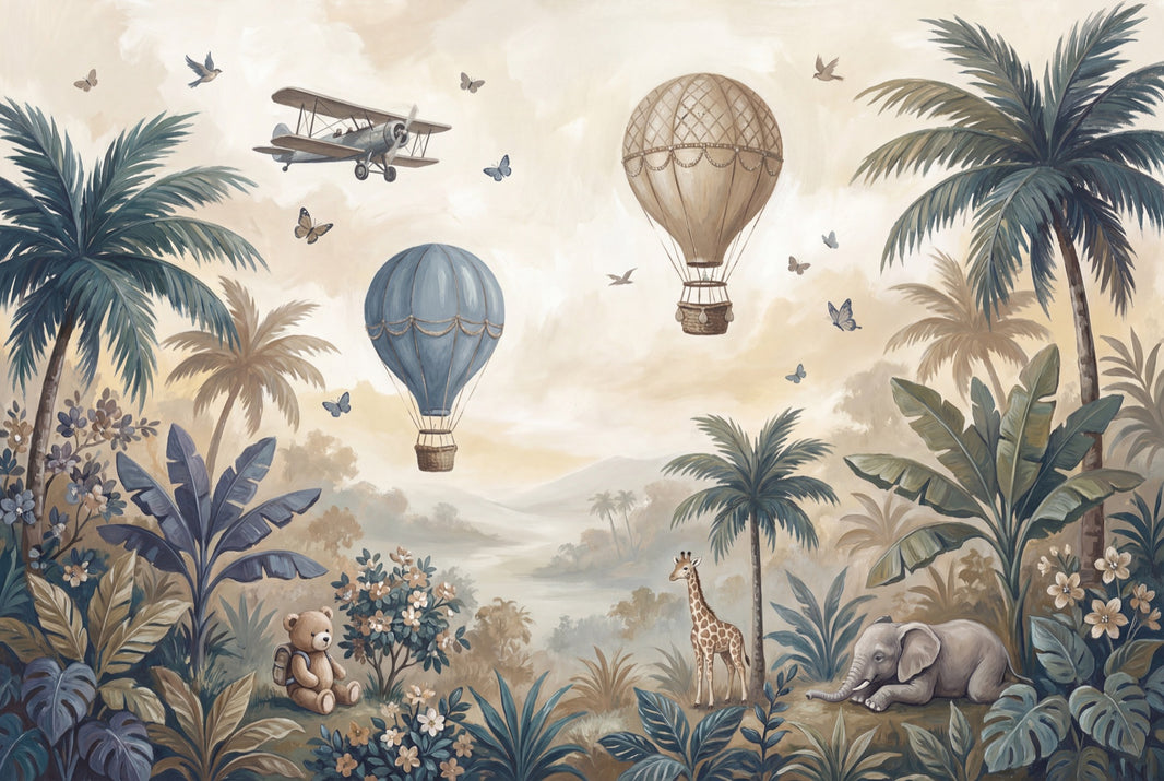 Nursery Mural Wallpaper Tropical Landscape Hot Air Balloons Wall Mural pattern artwork