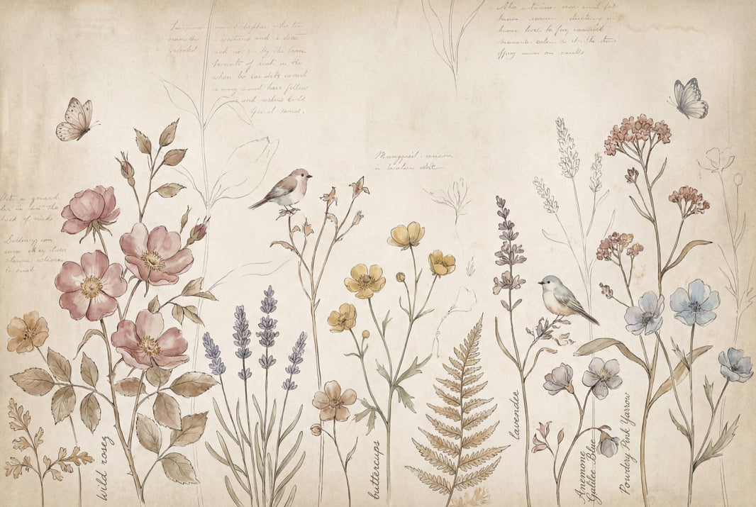 Vintage Botanical Wallpaper Wildflower Meadow Parchment Background Wall Mural pattern artwork