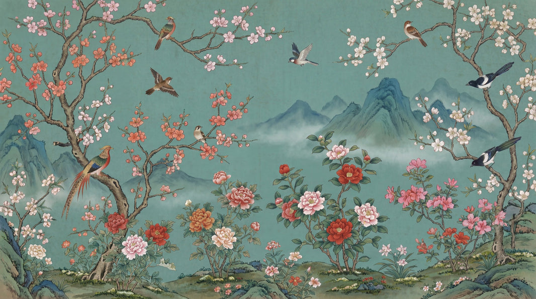 Teal Background Wallpaper Cherry Blossom Branches Vintage Mural Wall Mural pattern artwork