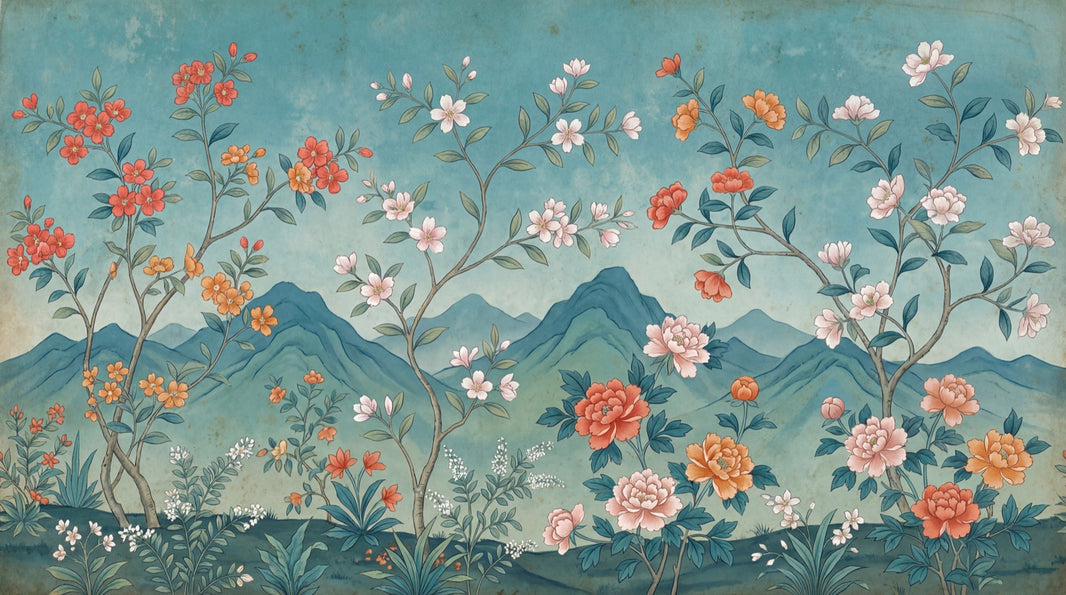 Floral Landscape Mural Wallpaper Teal Blue Background Removable Layered Mountains Wall Decor pattern artwork