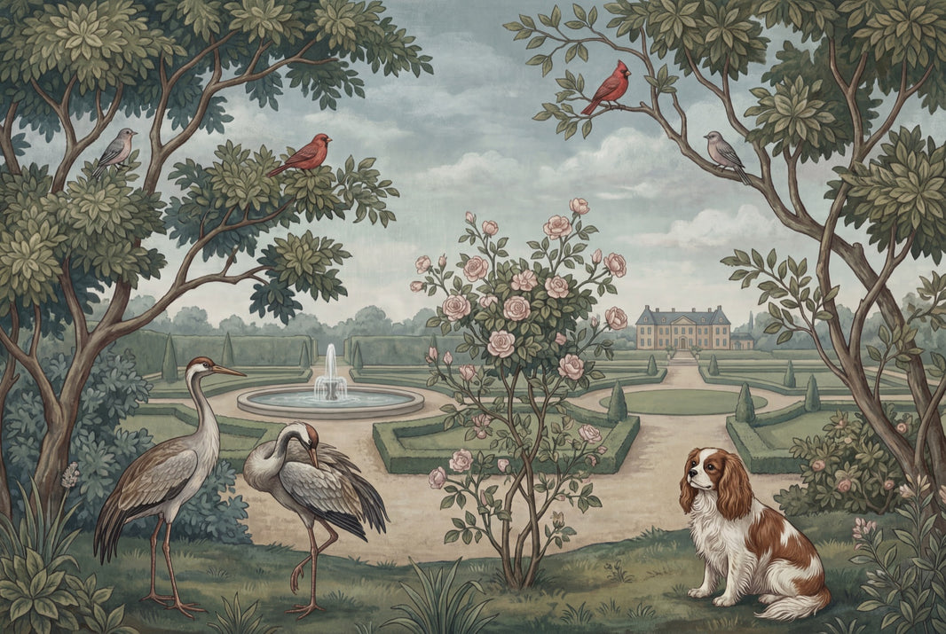 Formal Garden Wallpaper Chateau Estate Vintage Illustration Wall Mural pattern artwork