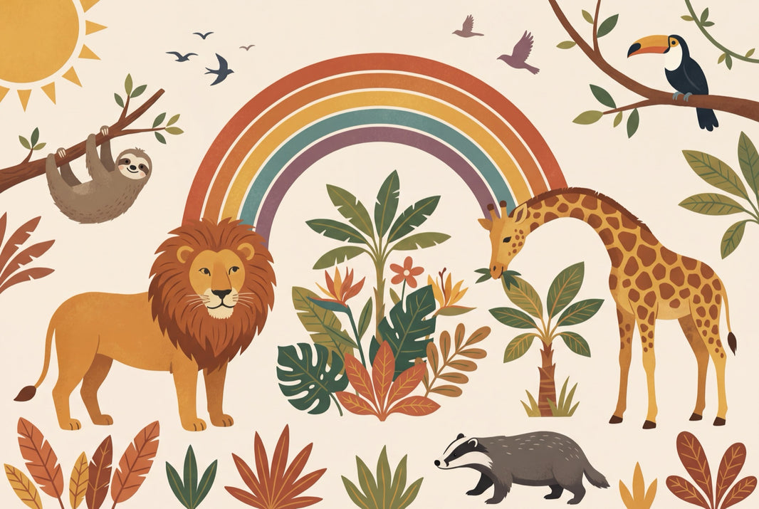 Safari Animals Wallpaper Rainbow Removable Tropical Foliage Wall Decor pattern artwork