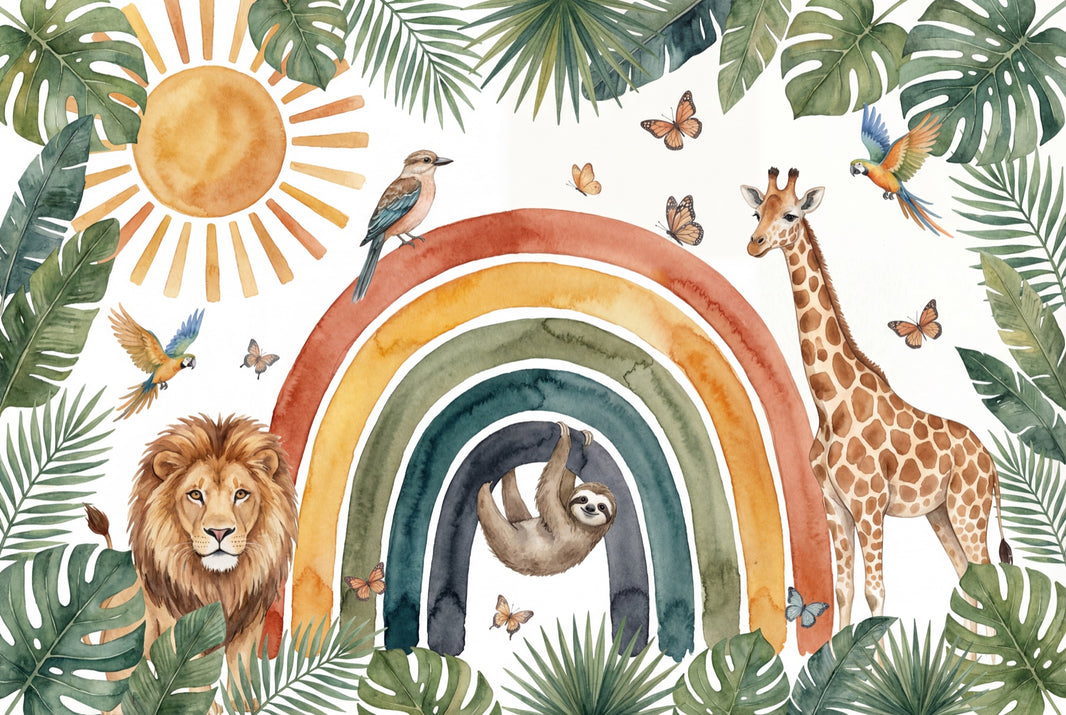 Safari Animals Wallpaper Tropical Rainbow Arch Removable Wall Decor pattern artwork