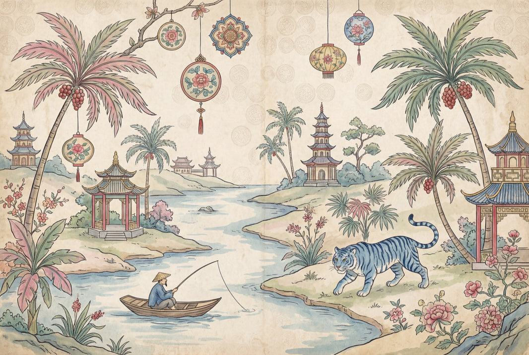 Asian Landscape Wallpaper Pagoda River Scene Wall Mural pattern artwork