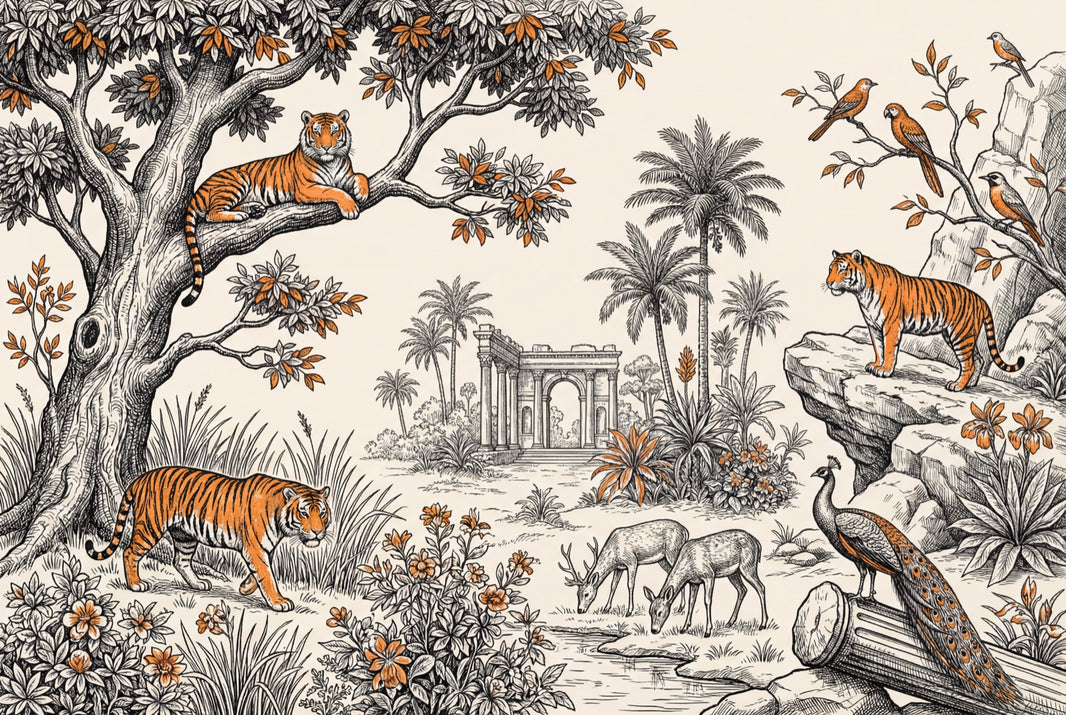 Toile Landscape Wallpaper Vintage Engraving Tigers Wall Mural pattern artwork