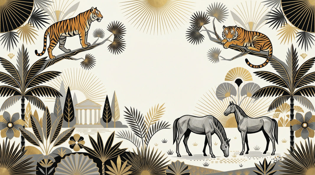 Art Deco Wallpaper Tigers Removable Tropical Palms Wall Decor pattern artwork