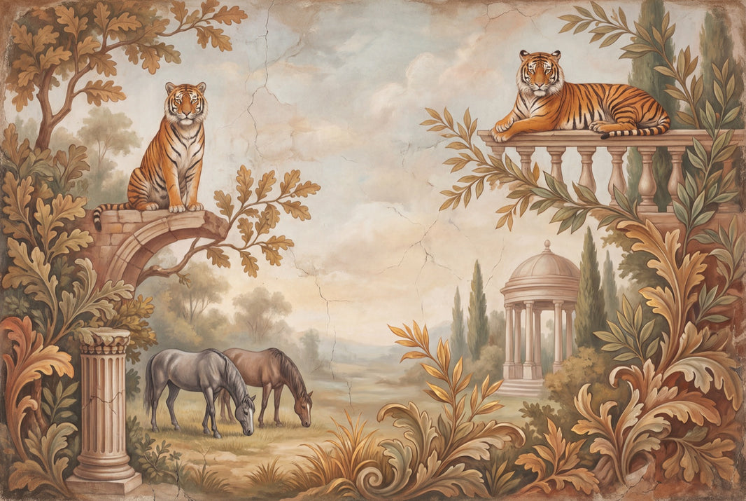 Classical Landscape Mural Wallpaper Tigers Mediterranean Garden Removable Wall Decor pattern artwork