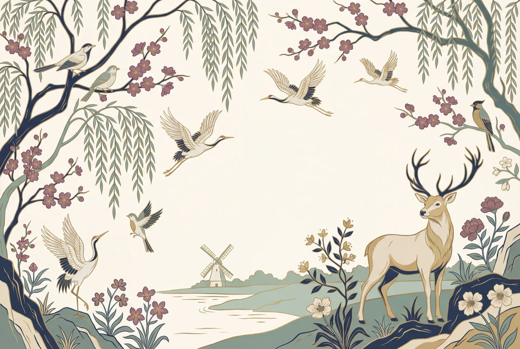 Pastoral Landscape Wallpaper Stag Deer Cranes Birds Wall Mural pattern artwork