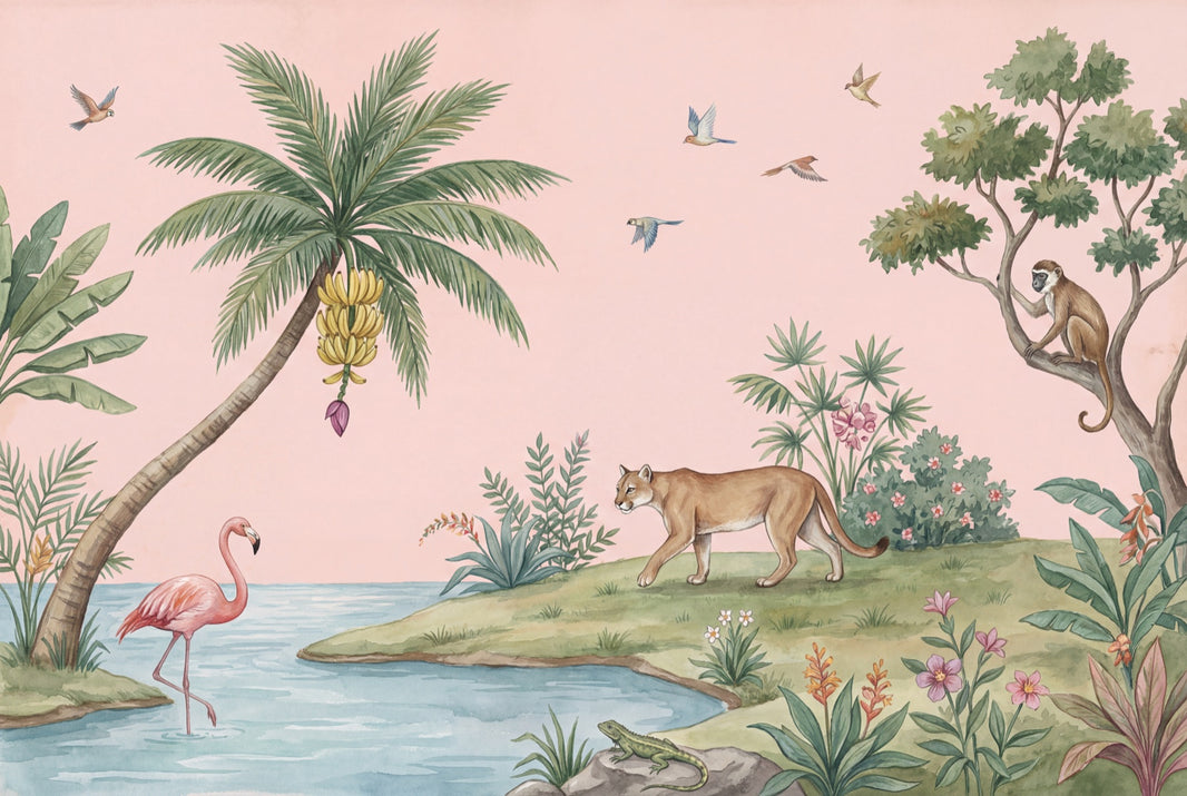 Tropical Landscape Wallpaper Watercolor Illustration Pink Background Removable Wall Decor pattern artwork