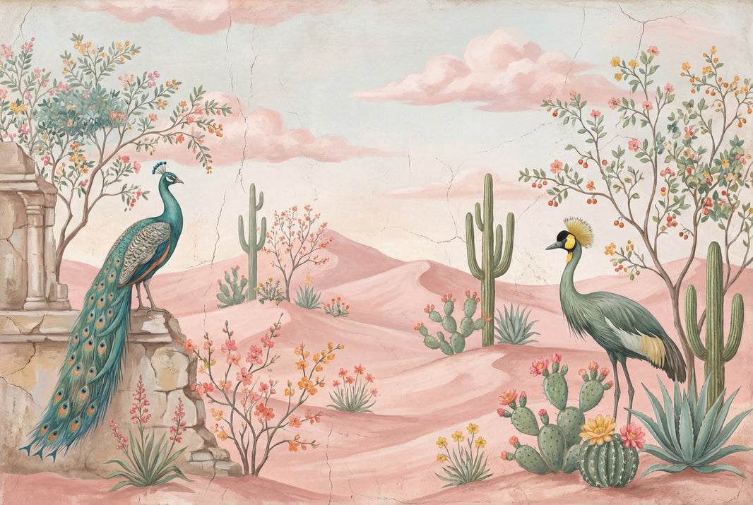 Pastel Desert Landscape Wallpaper Pink Dunes Removable Peacock Wall Decor pattern artwork
