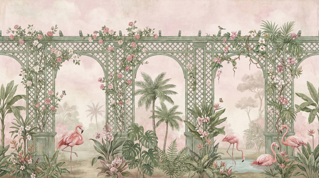 Tropical Garden Wallpaper Pastel Pink Green Trellis Arches Wall Mural pattern artwork