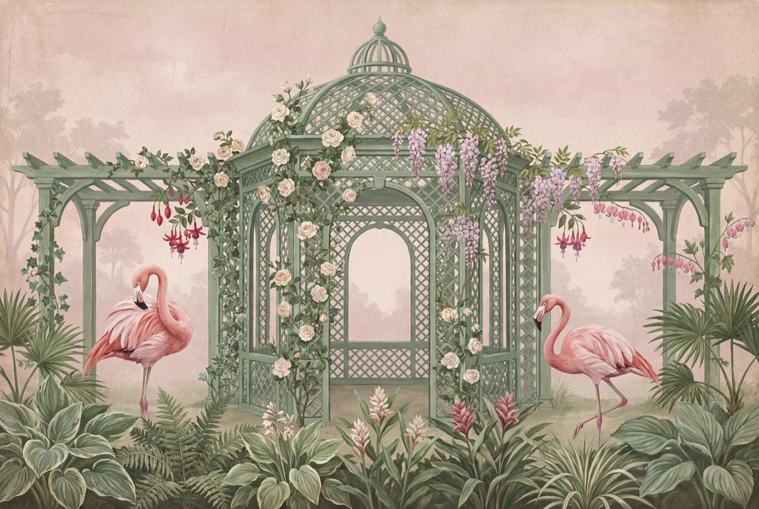 Garden Gazebo Wallpaper Flamingos Sage Green Lattice Removable Wall Decor pattern artwork