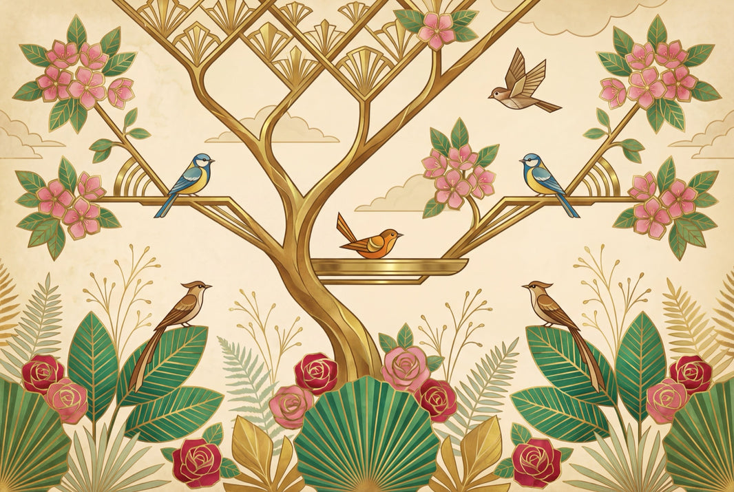 Art Deco Wallpaper Floral Removable Birds Wall Decor pattern artwork