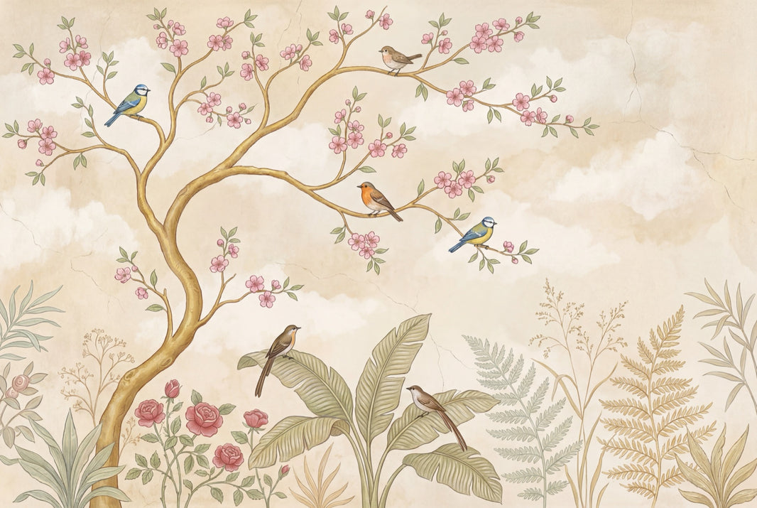 Botanical Mural Wallpaper Blossoming Branch Soft Pastel Removable Wall Decor pattern artwork
