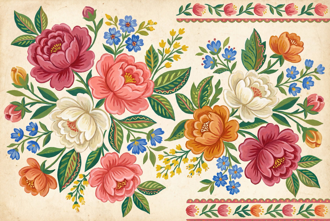 Floral Bouquet Wallpaper Vintage Folk Art Removable Cream Background Wall Decor pattern artwork