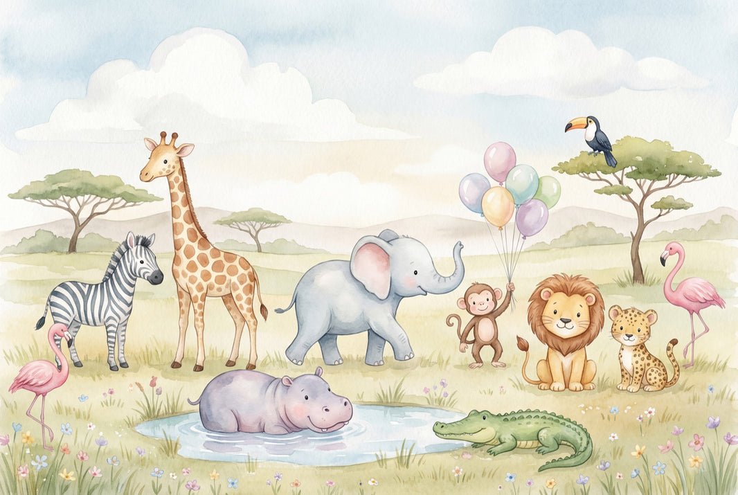 Safari Animals Wallpaper Savanna Landscape Watercolor Removable Wall Decor pattern artwork