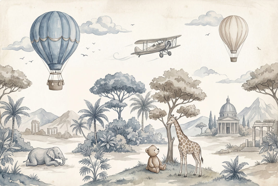 Whimsical Landscape Wallpaper Watercolor Hot Air Balloons Wall Mural pattern artwork
