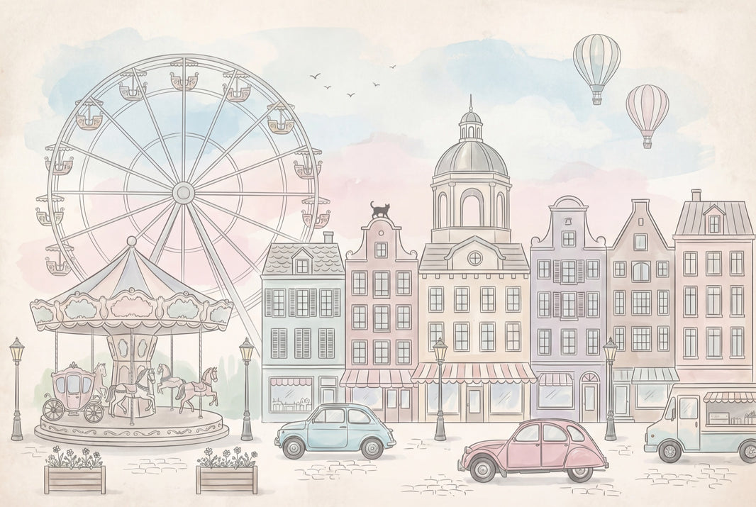 European Town Wallpaper Ferris Wheel Cityscape Removable Wall Decor pattern artwork