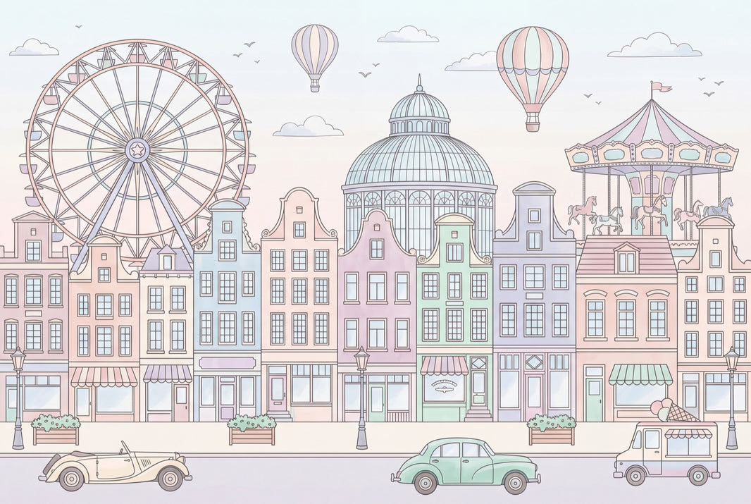 Pastel Cityscape Wallpaper European Townhouses Removable Ferris Wheel Wall Decor pattern artwork